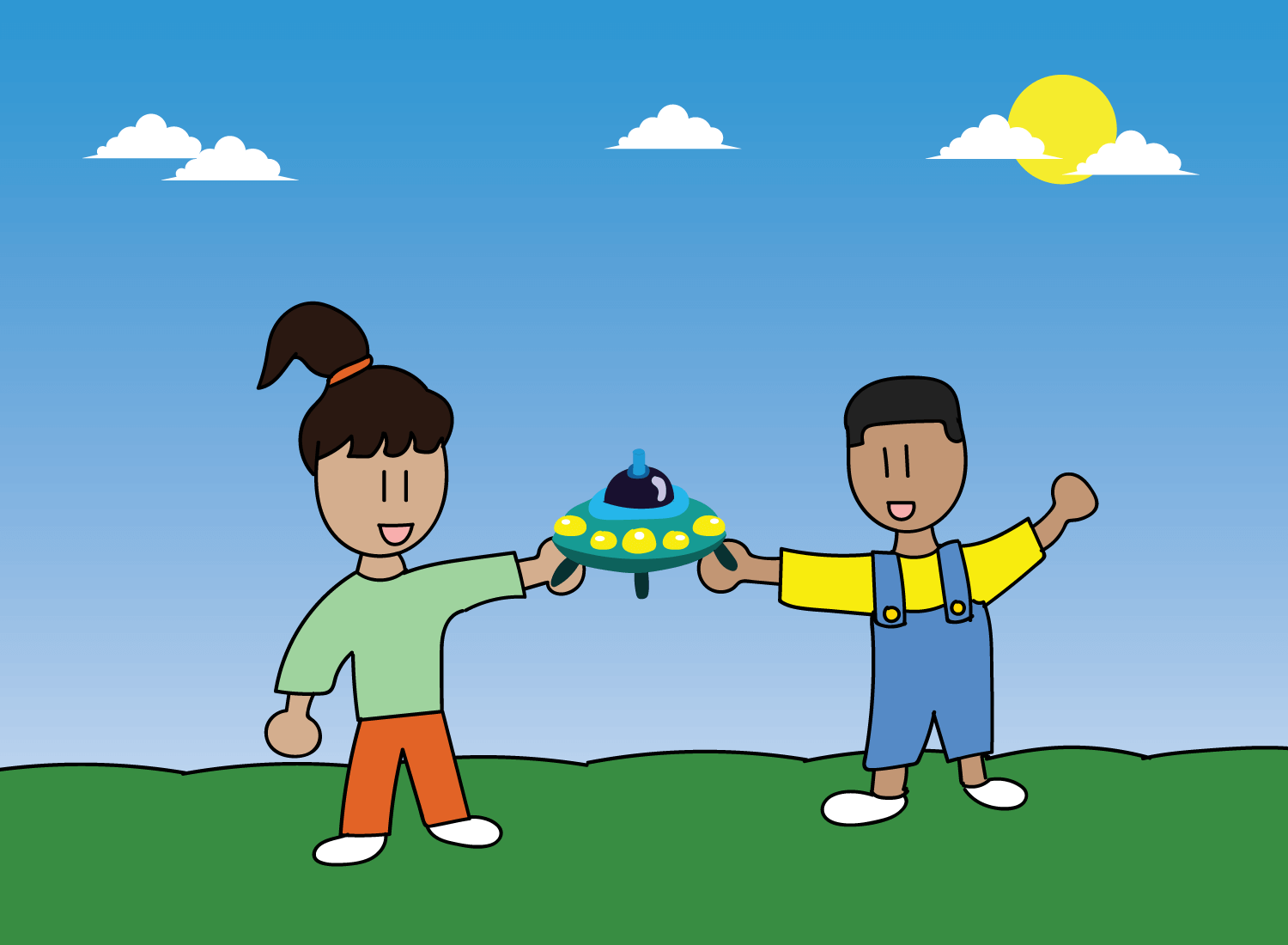 kids sharing a toy together cartoon illustration